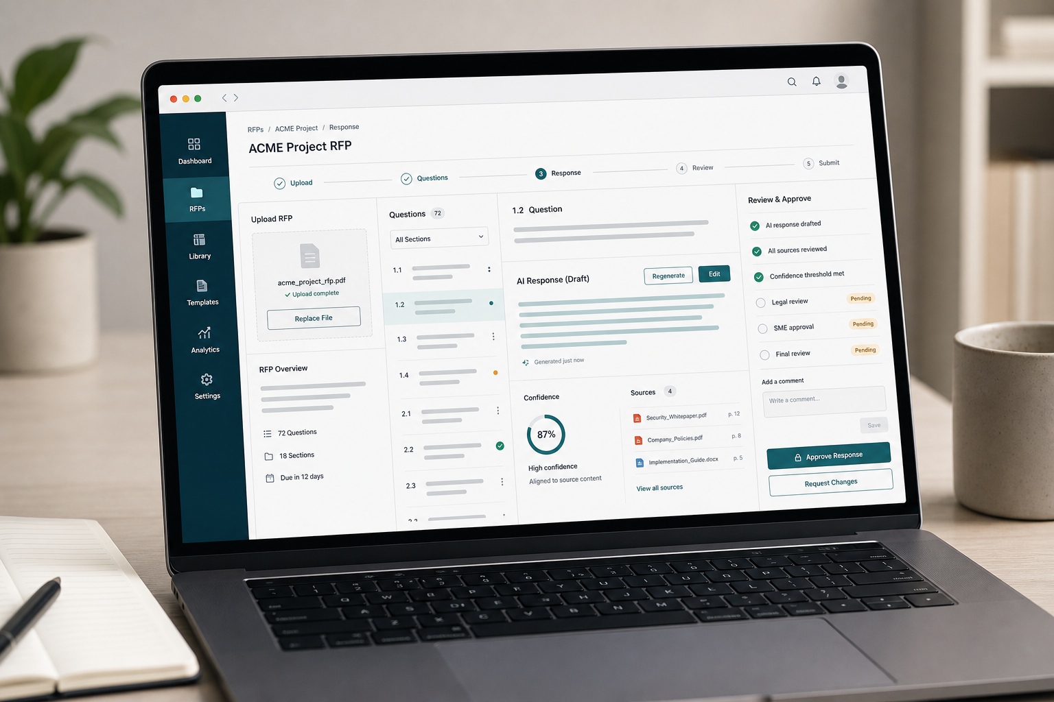 AI RFP Response Assistant product dashboard mockup